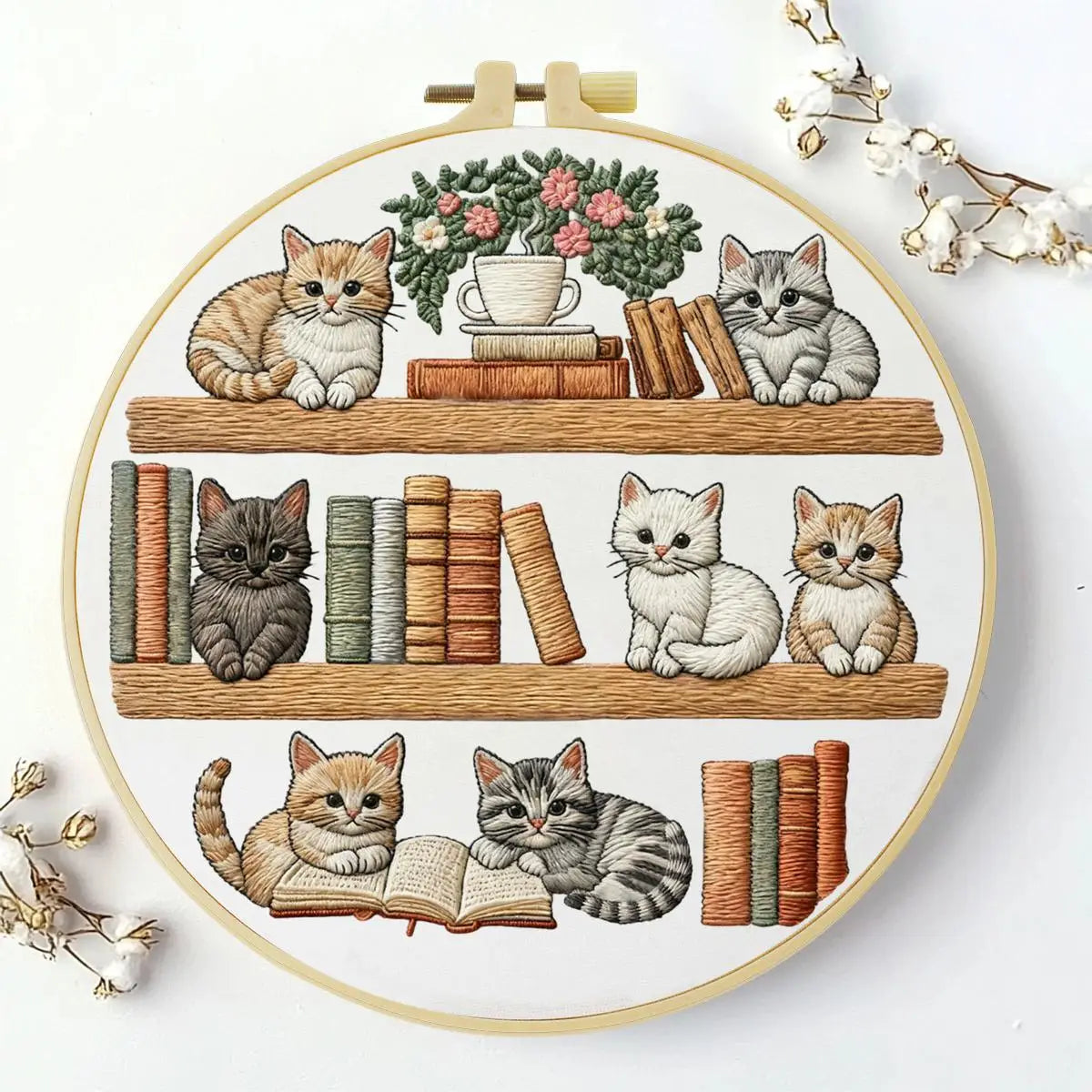 Bookshelf Kitten Embroidery Kit
