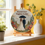 Forever Begins Today Embroidery Kit – Romantic Wedding Couple Needlepoint Pattern with Floral Garden & Love Quote Design