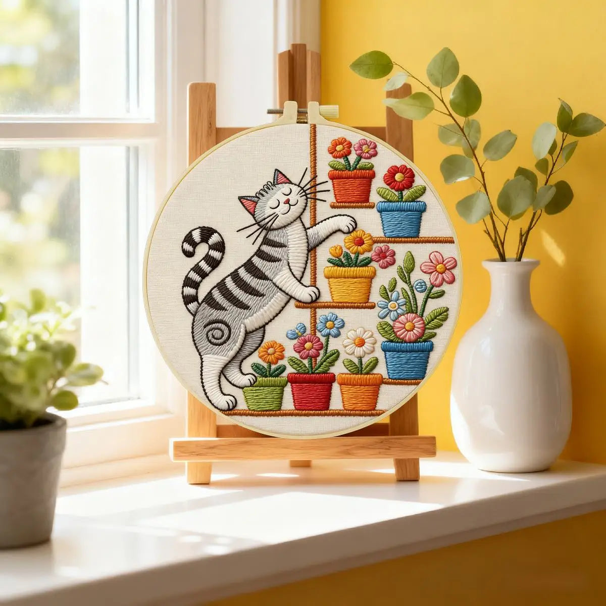 Cute Cat & Flowers Punch Needle Wall Art – Handmade Embroidery Hoop Decor for Nursery & Cozy Rooms