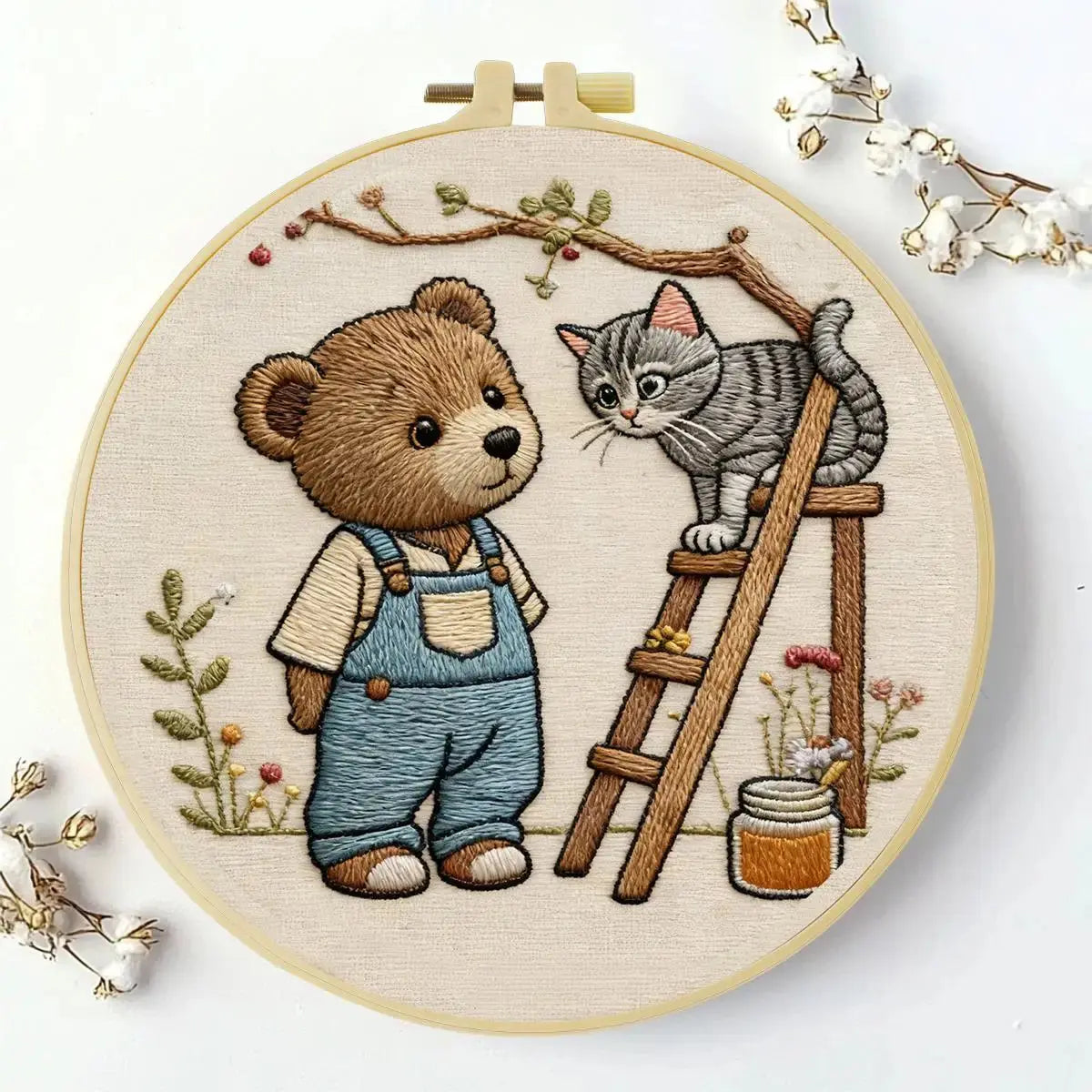 Bear & Kitten Friends Embroidery Kit – Whimsical Woodland DIY Hand Embroidery Set 🧸🐱🌿 Kits For Stitchers