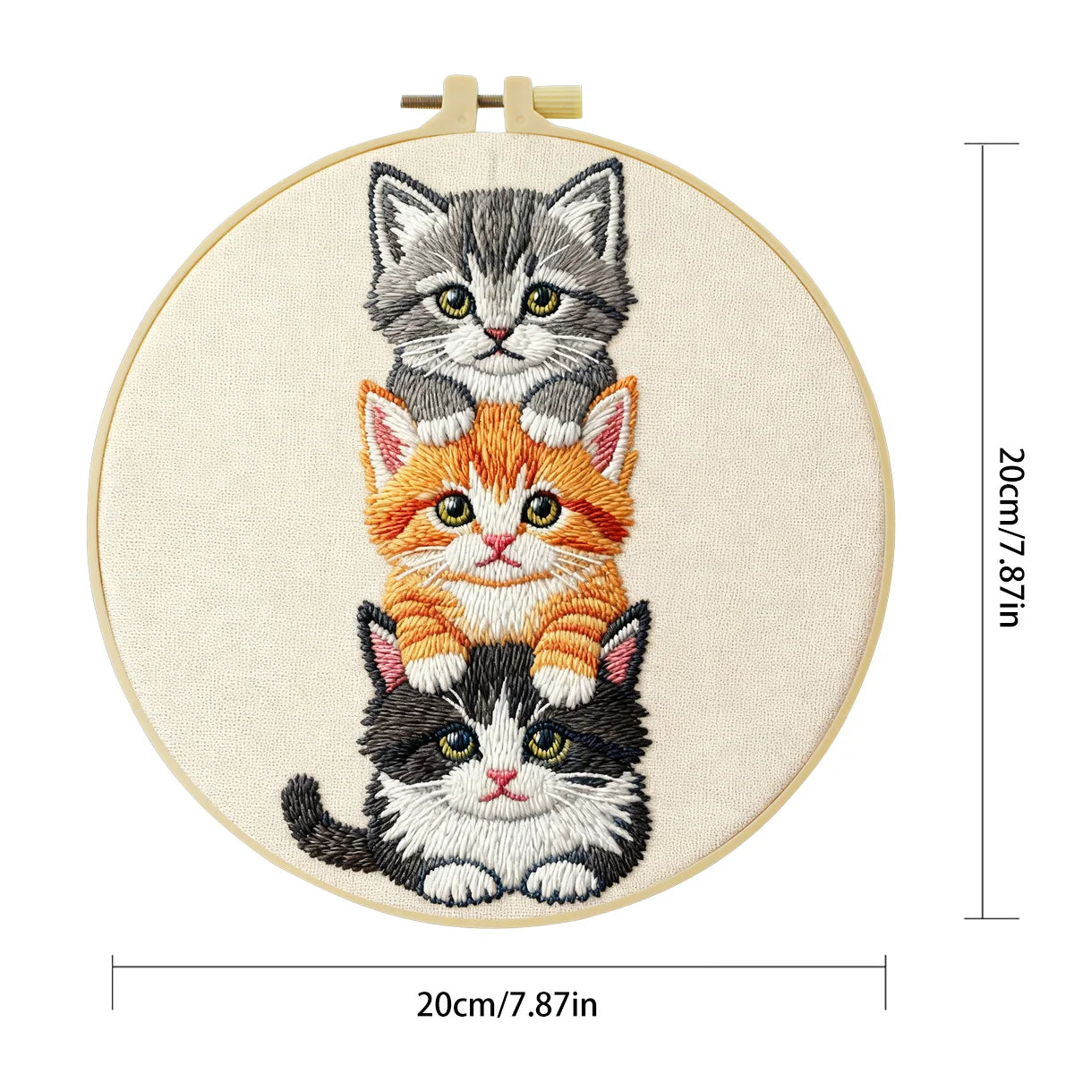 Stacked Kittens Embroidery Kit – Cute Cat Trio Needlepoint Pattern with Playful Kitten Faces for Cat Lover Decor
