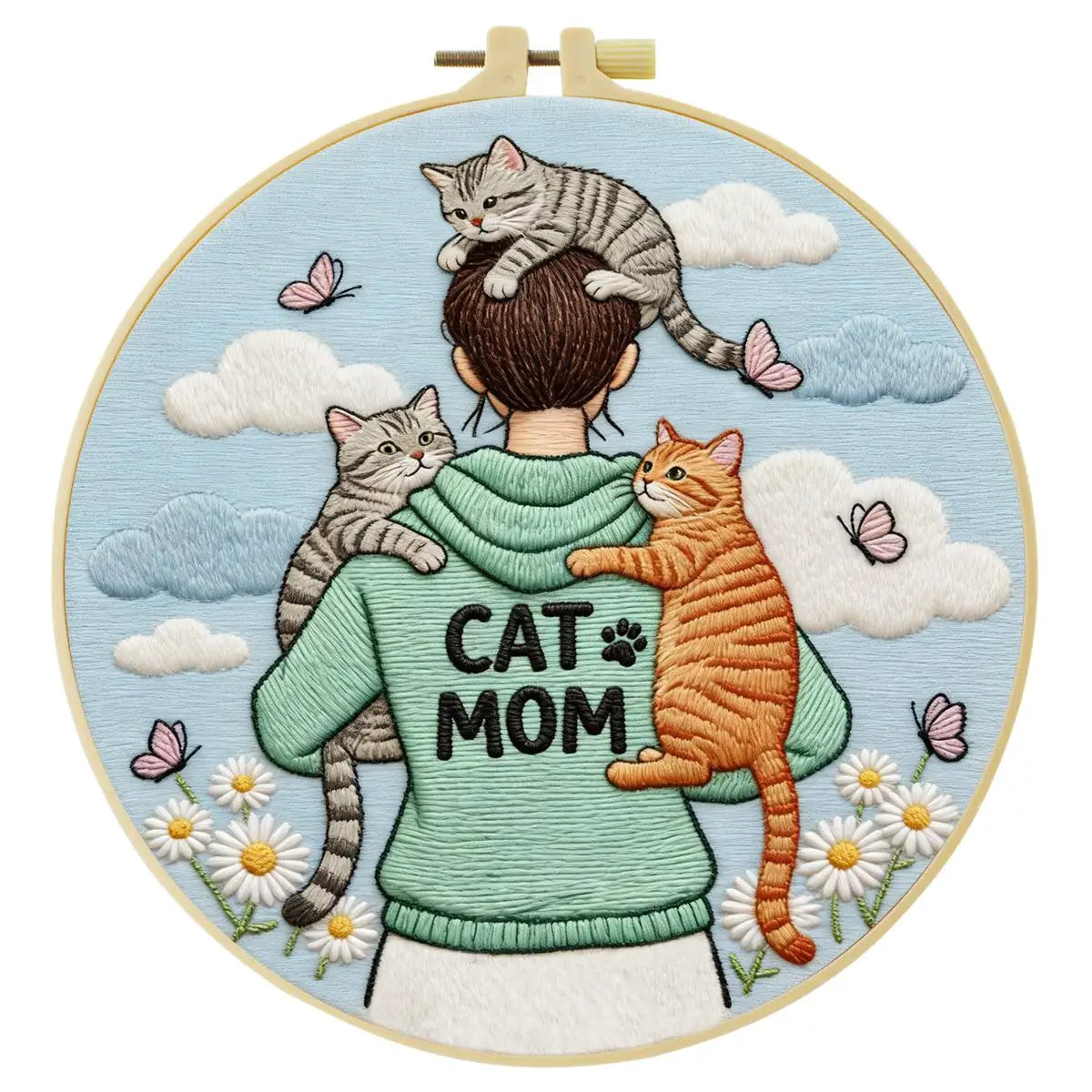 Cat Mom Punch Needle Wall Art – Handmade Embroidery Hoop Decor for Nursery & Cozy Rooms