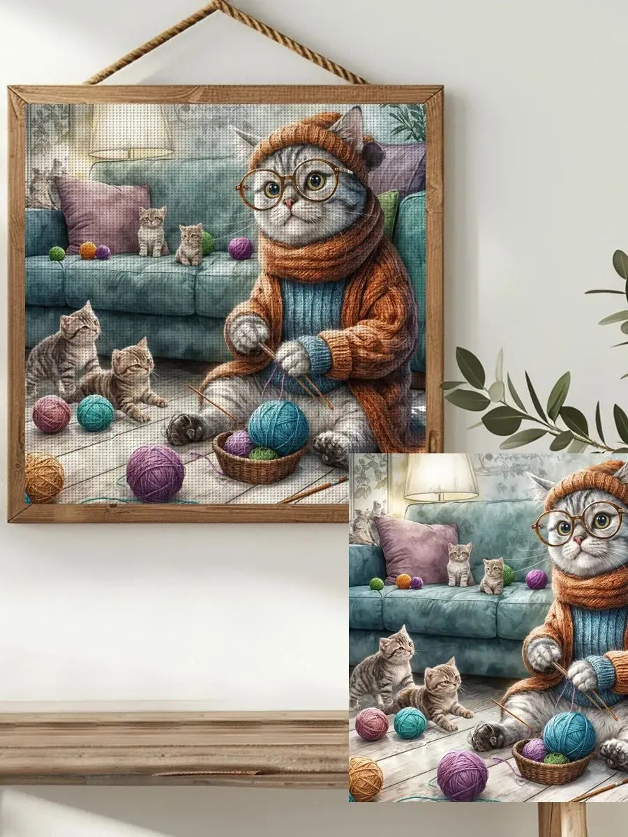 Knitting Cat & Kittens Cross Stitch Kit 🧶🐱💕
