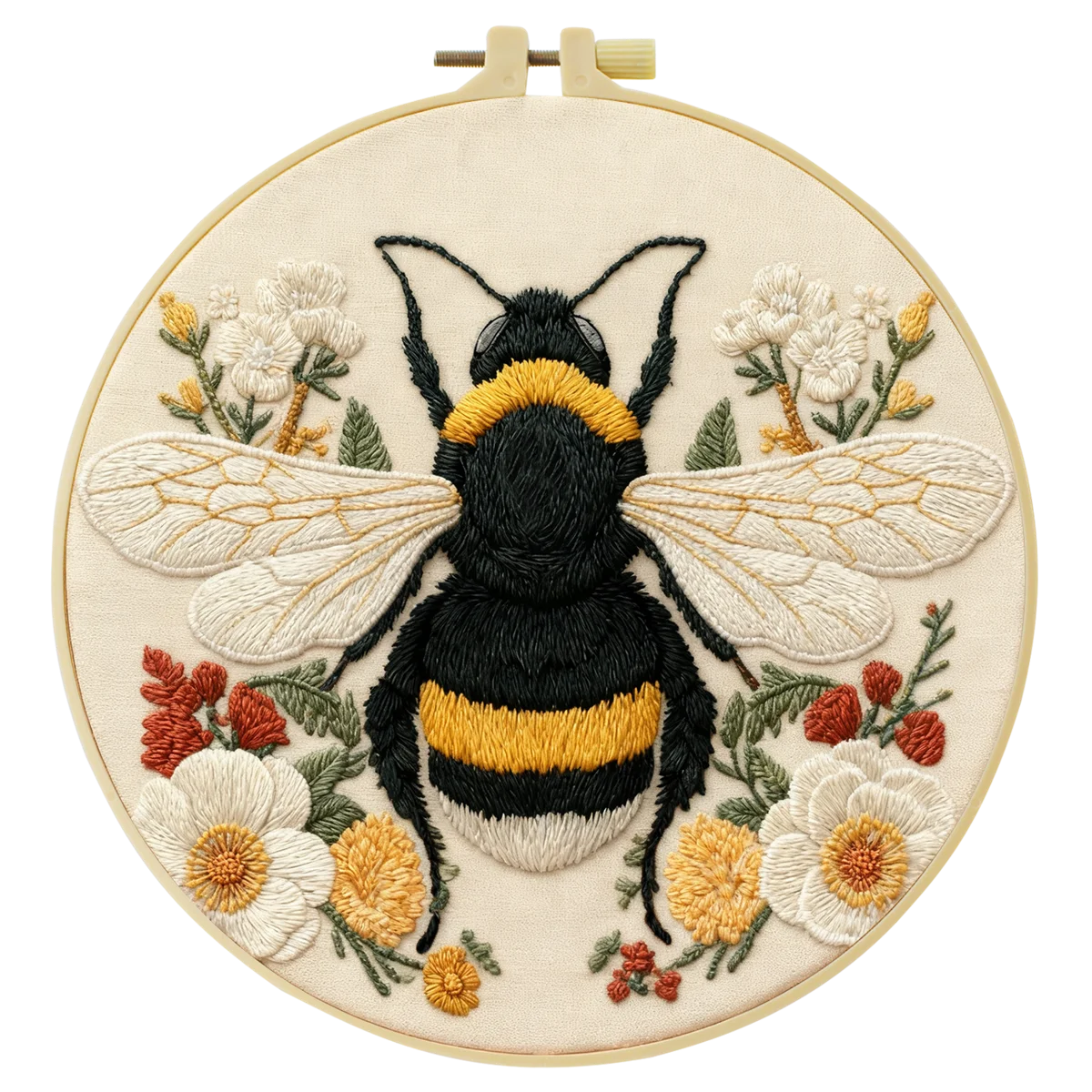 Bumble Bee Embroidery DIY Kit – Floral Insect Beginner Stitching Kit with Hoop, Pattern & Threads