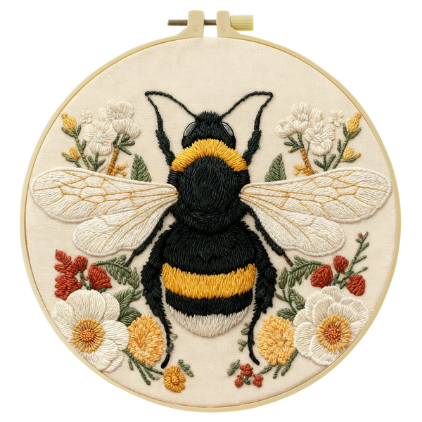 Bumble Bee Embroidery DIY Kit – Floral Insect Beginner Stitching Kit with Hoop, Pattern & Threads