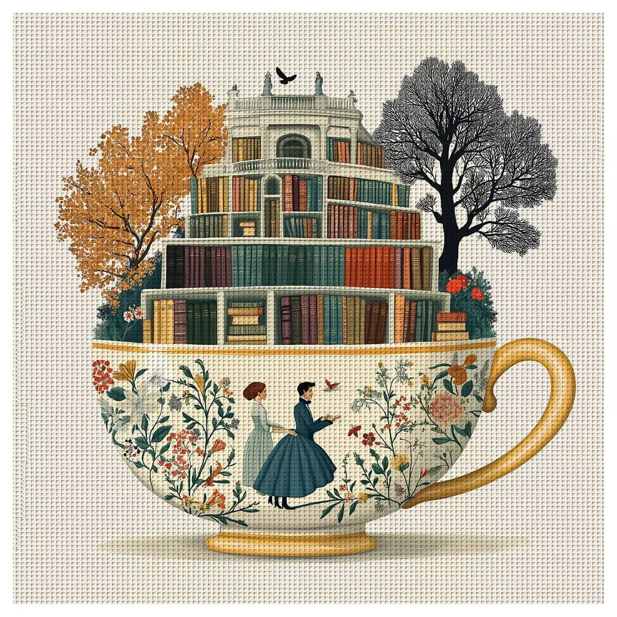 Enchanted Library Teacup Cross Stitch Kit 📚☕🌿✨