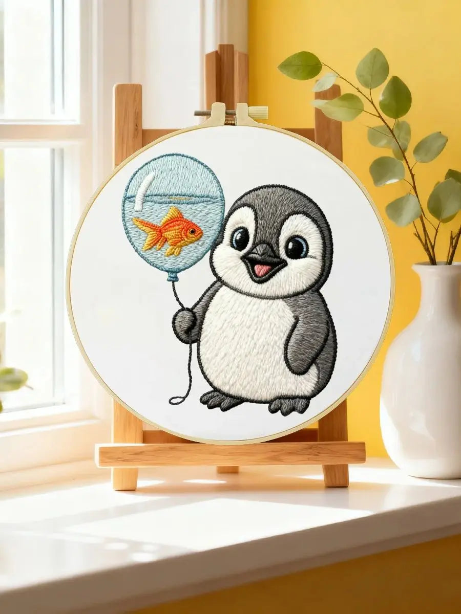 Handmade Baby Penguin Embroidery Hoop Wall Art – Cute Nursery Animal Balloon Decor