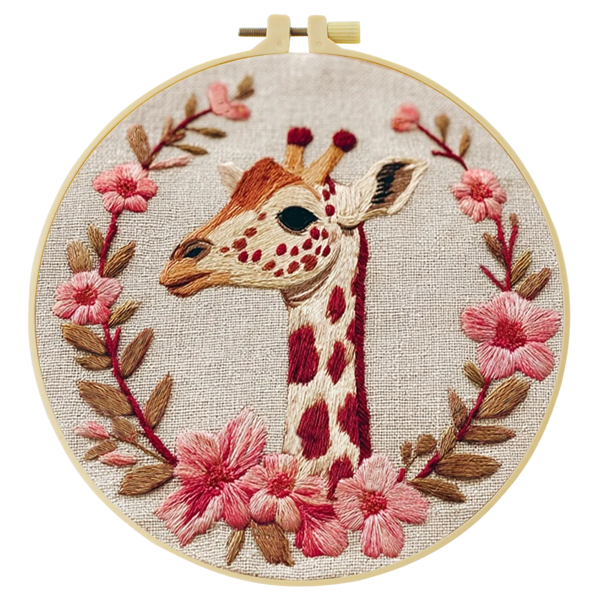 Giraffe Embroidery DIY Kit – Floral Animal Beginner Stitching Kit with Hoop, Pattern & Threads