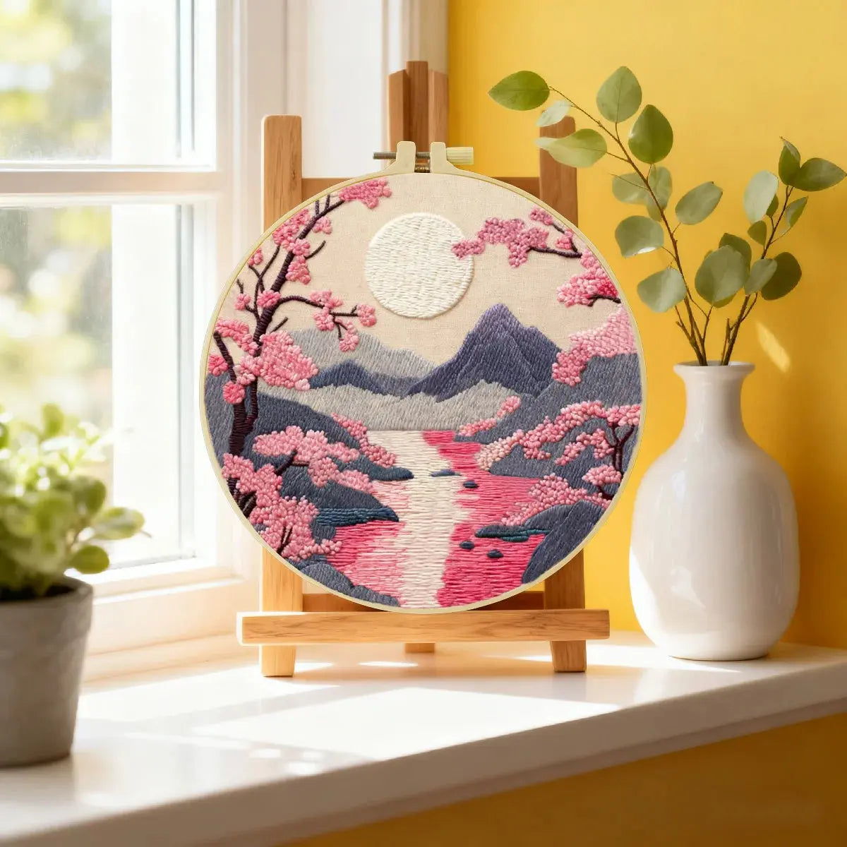 Handmade Cherry Blossom Landscape Embroidery Hoop Wall Art – Serene Mountain River Decor Kits For Stitchers