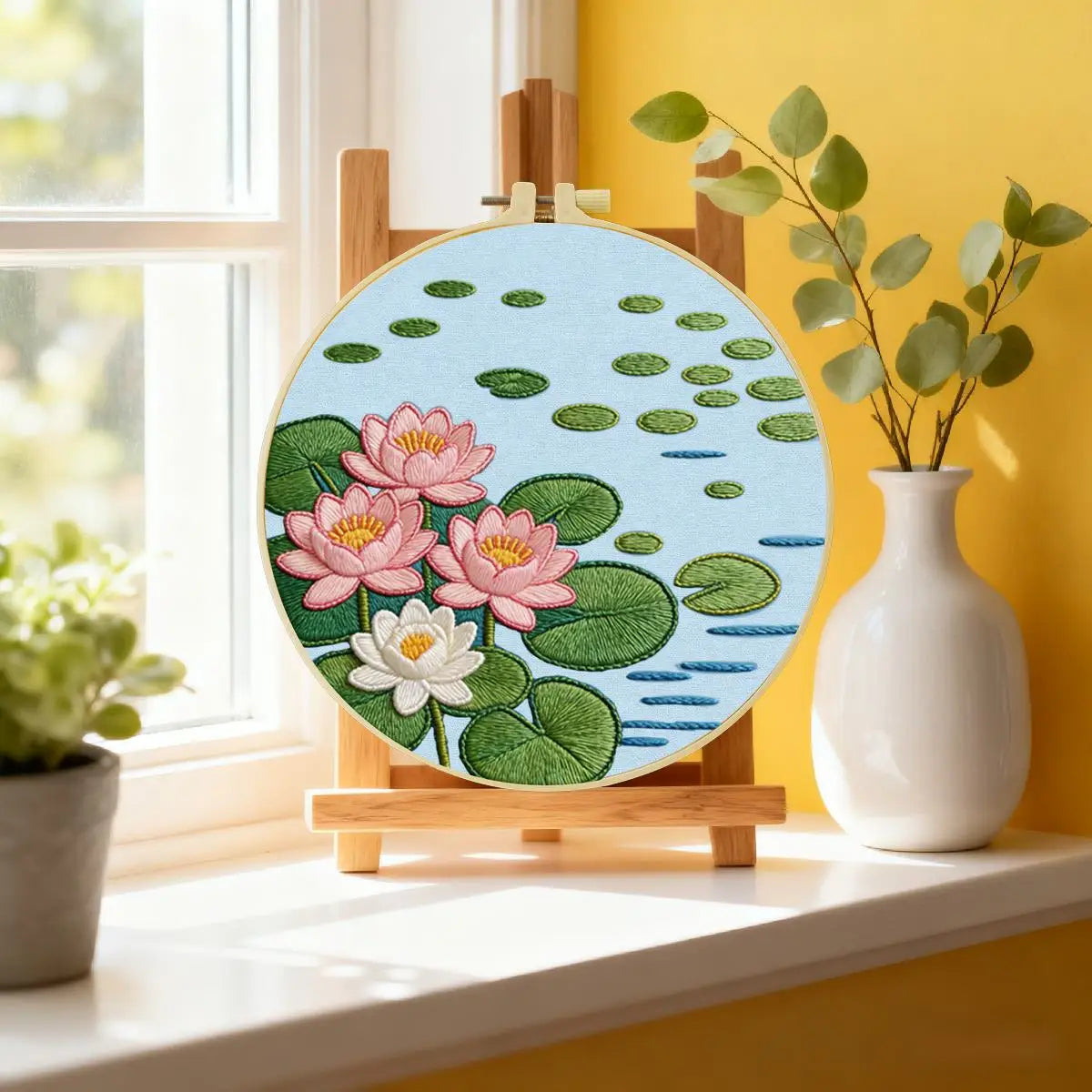Lotus Flower Pond Punch Needle Wall Art – Handmade Embroidery Hoop Decor for Nursery & Cozy Rooms