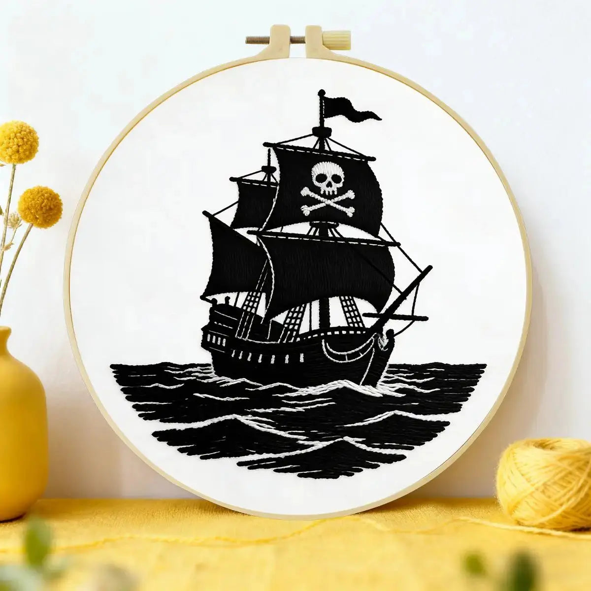 Black Pirate Ship Embroidery Kit โ Skull & Crossbones Nautical Design Kits For Stitchers