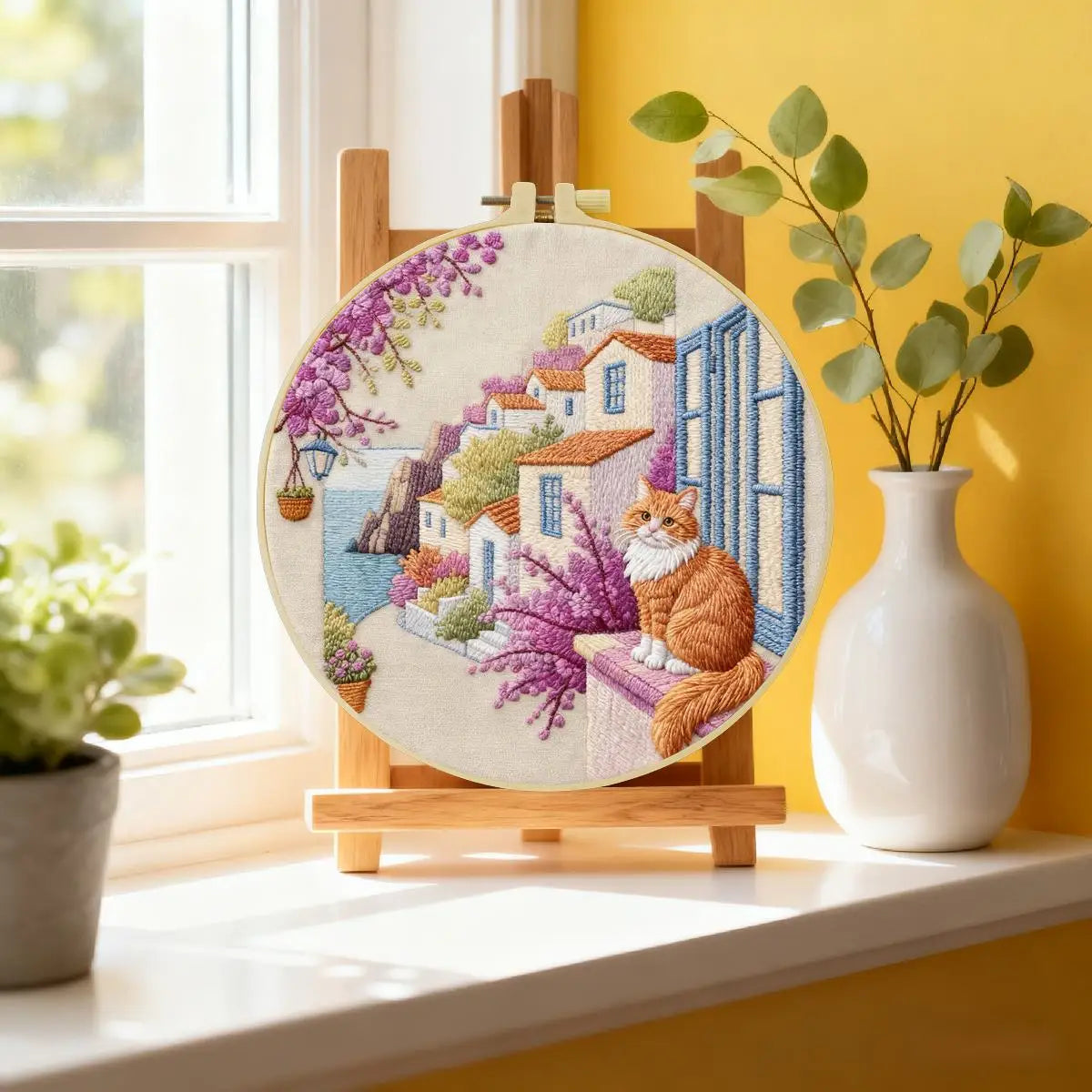 Mediterranean Cat Village Embroidery Kit – Scenic Coastal DIY Hand Embroidery Hoop Art Set