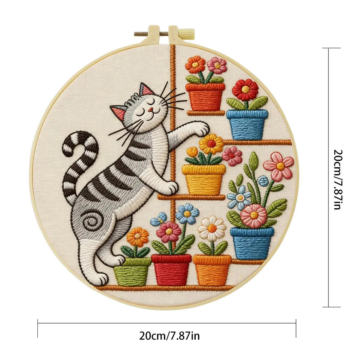 Cute Cat & Flowers Punch Needle Wall Art – Handmade Embroidery Hoop Decor for Nursery & Cozy Rooms