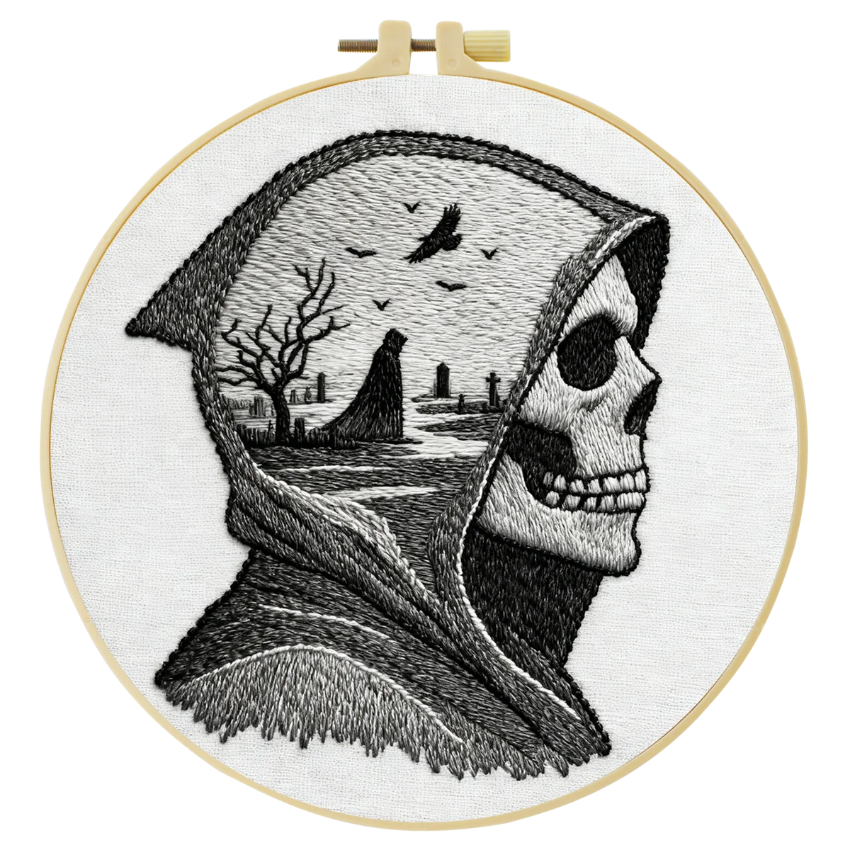 Grim Reaper Embroidery DIY Kit – Gothic Skull Beginner Stitching Kit with Hoop, Pattern & Threads