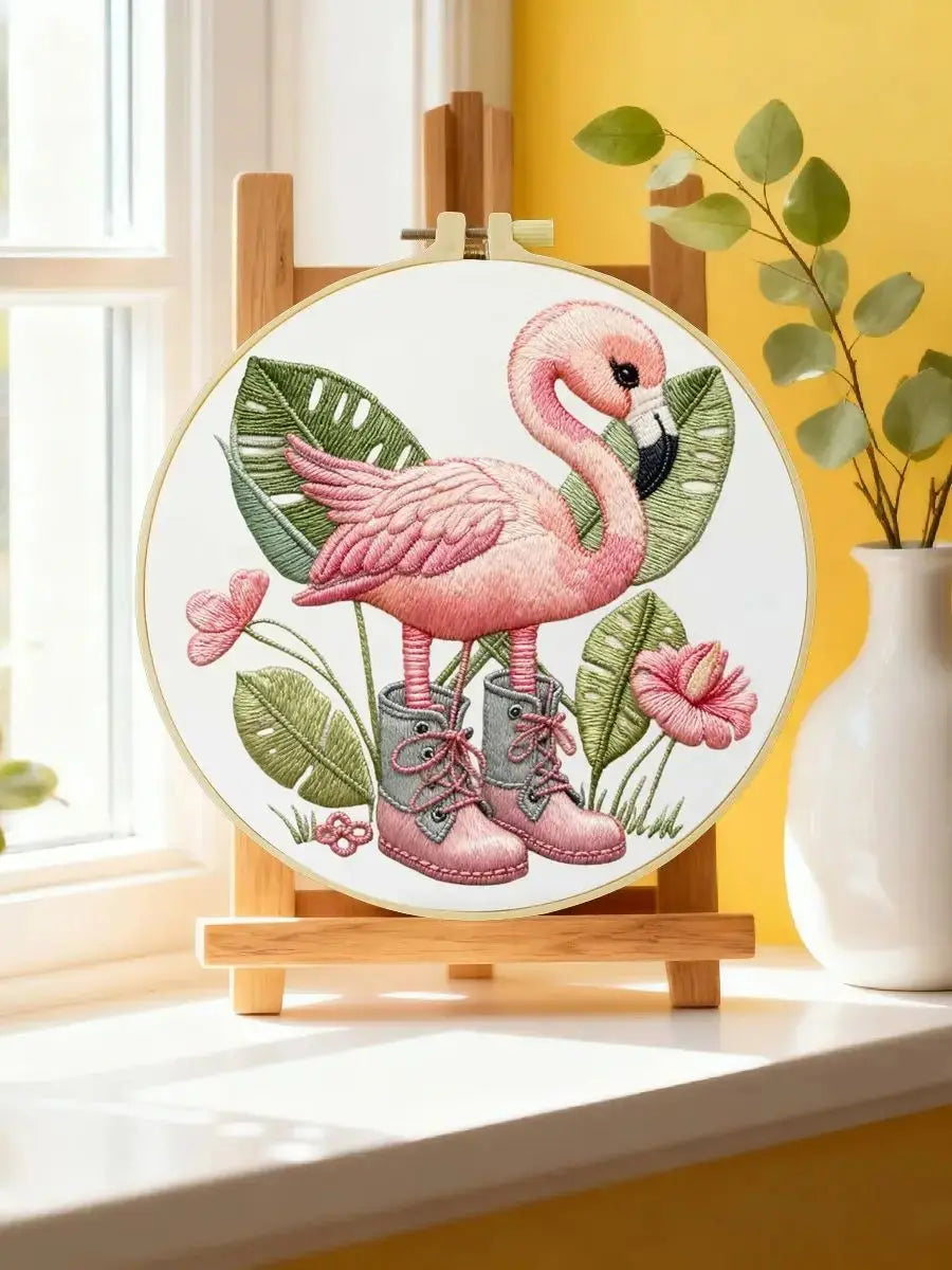 Pink Flamingo Embroidery Kit โ Tropical Bird DIY Sewing Craft, Cute Summer Hoop Wall Art Decor Kits For Stitchers