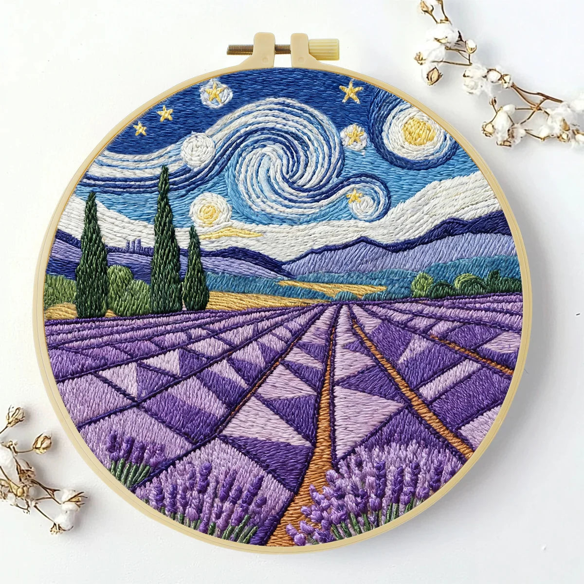 Handmade Lavender Field Embroidery Hoop Wall Art – Starry Night Inspired Landscape Decor