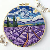 Handmade Lavender Field Embroidery Hoop Wall Art – Starry Night Inspired Landscape Decor Kits For Stitchers