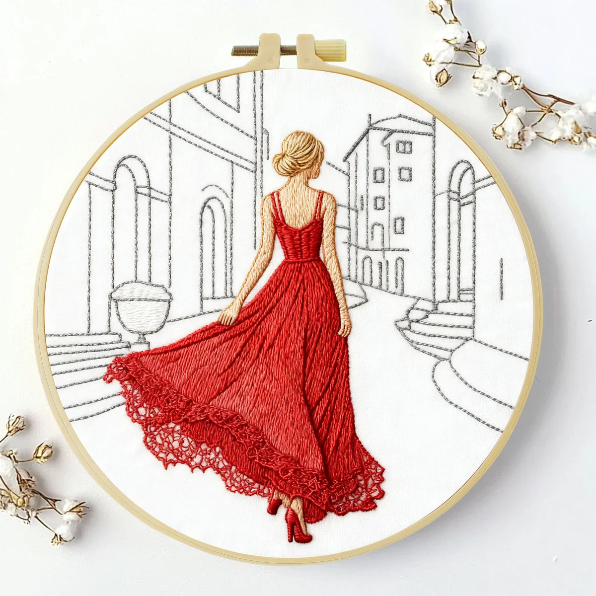 Elegant Red Dress Embroidery Kit – Fashion Lady Street Scene Needlepoint Pattern with Parisian Style & Modern Minimalist Art