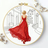 Elegant Red Dress Embroidery Kit – Fashion Lady Street Scene Needlepoint Pattern with Parisian Style & Modern Minimalist Art