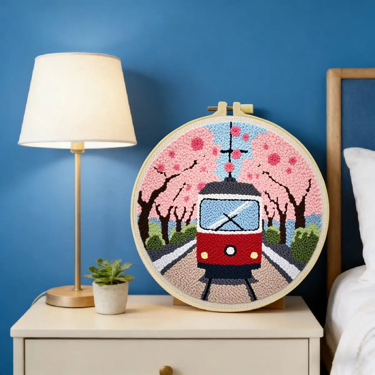 Cherry Blossom Tram Punch Needle Wall Art – Handmade Embroidery Hoop Decor for Nursery & Cozy Rooms
