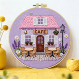 Charming Cafe House Embroidery Starter Kit – DIY Floral Cottage Sewing Art Set for Beginners
