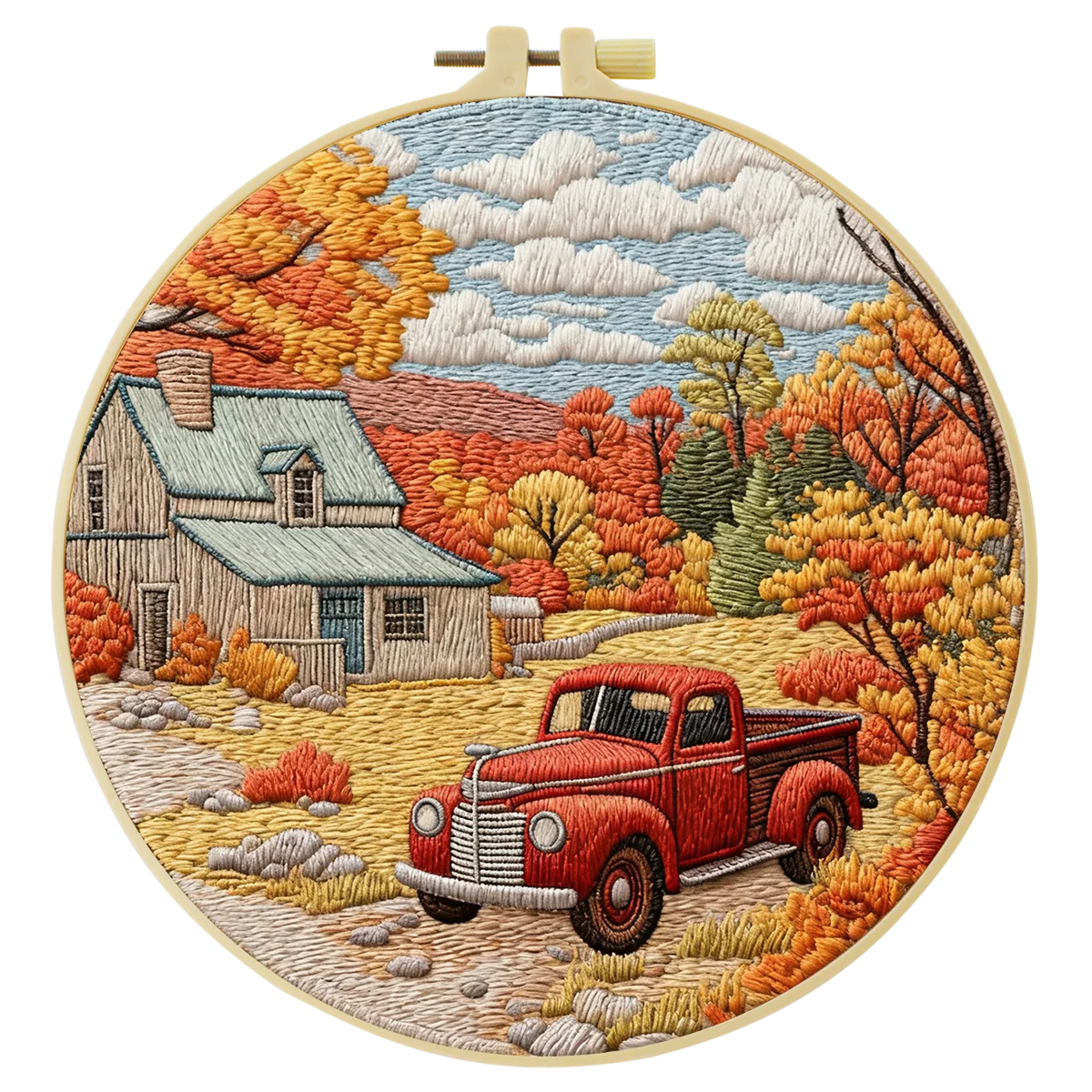 Autumn Farmhouse Embroidery Kit – Vintage Red Truck Fall Landscape DIY Sewing Craft, Rustic Country Wall Art Decor