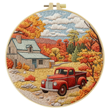 Autumn Farmhouse Embroidery Kit – Vintage Red Truck Fall Landscape DIY Sewing Craft, Rustic Country Wall Art Decor