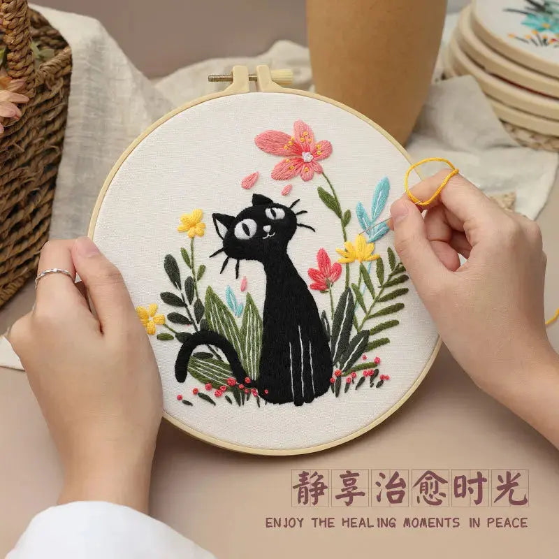 Cat & Floral Embroidery Kit The Stichers Heavane