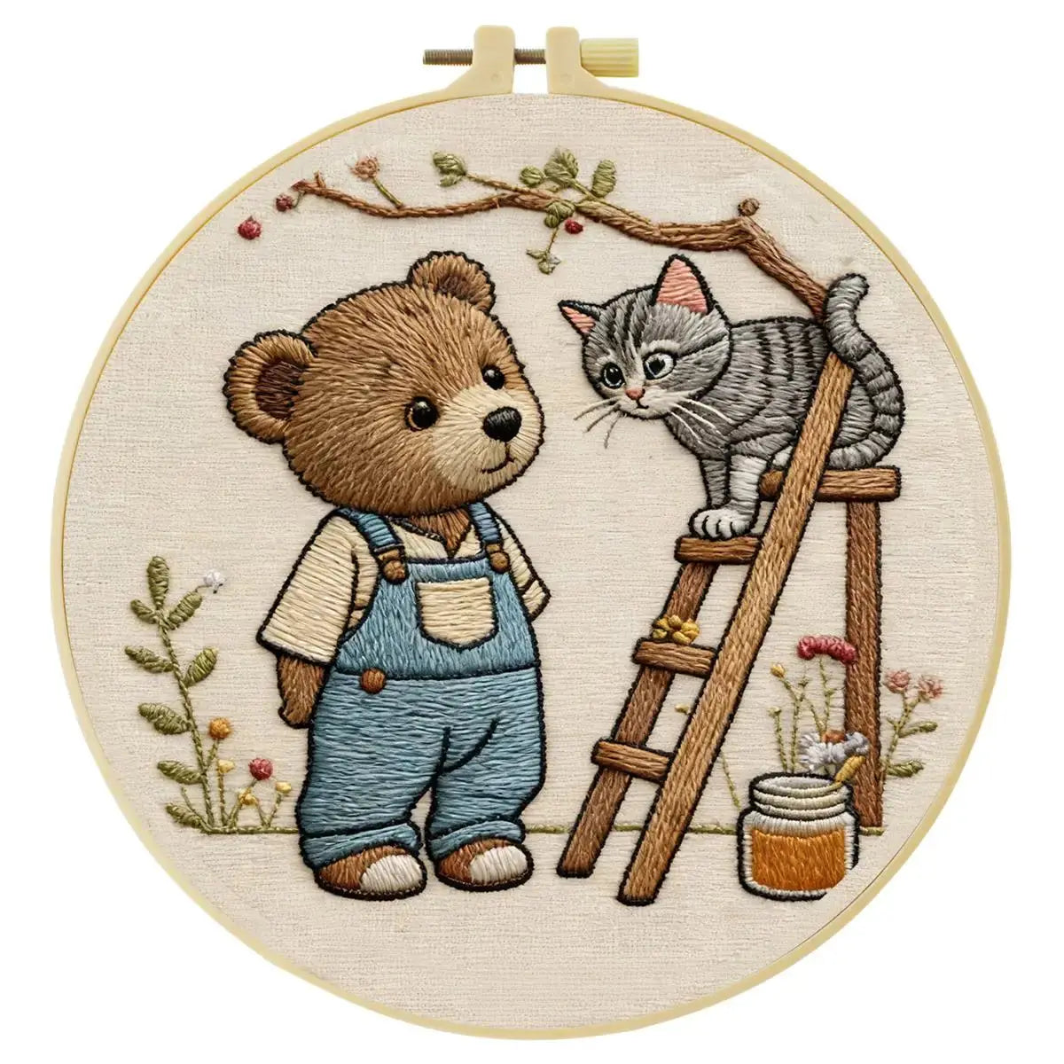 Bear & Kitten Friends Embroidery Kit – Whimsical Woodland DIY Hand Embroidery Set 🧸🐱🌿 Kits For Stitchers