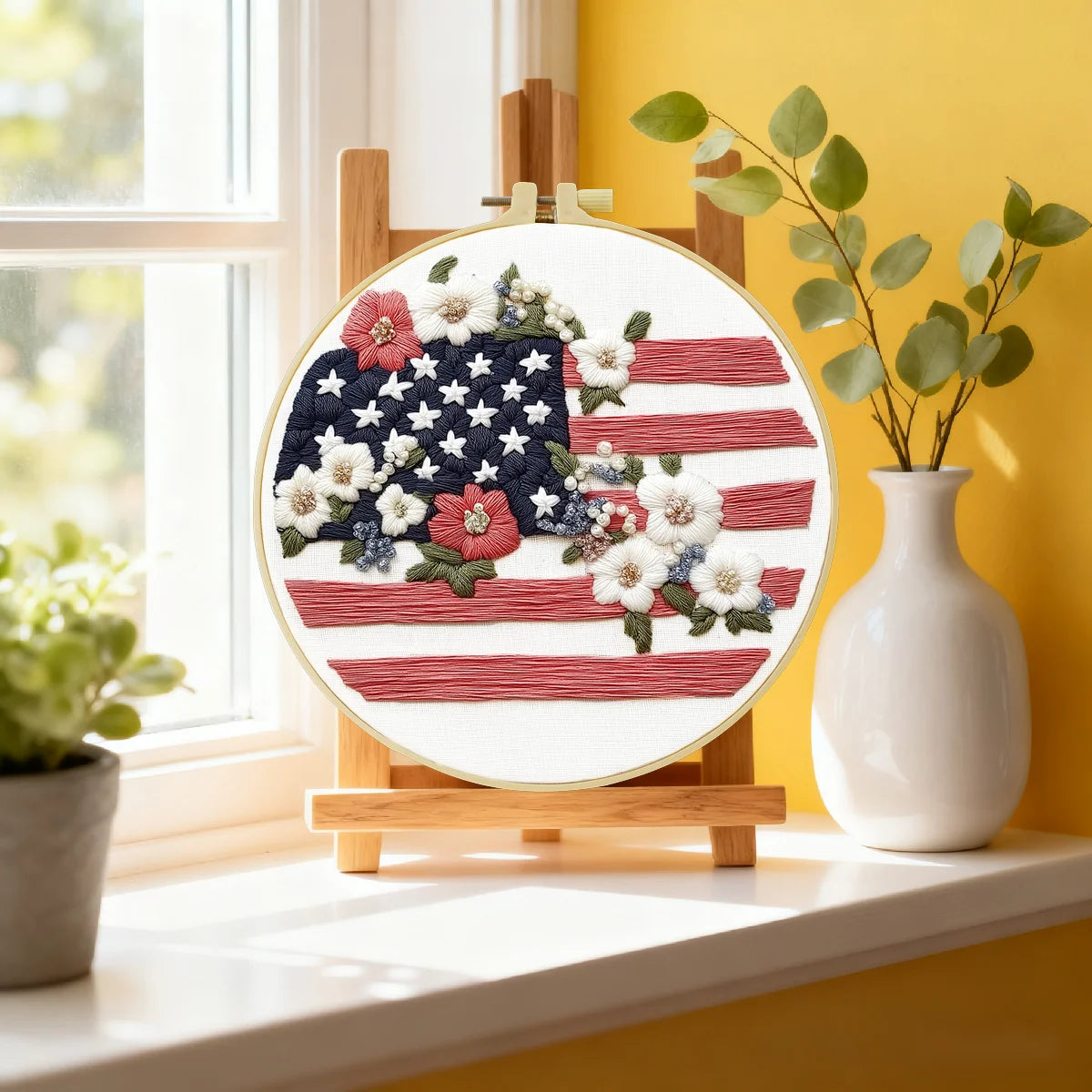 Patriotic American Flag Floral Embroidery Kit – USA Stars and Stripes DIY Needlepoint Hoop Art Rustic Fourth of July Decor Gift