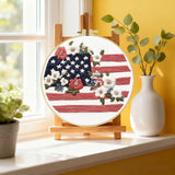 Patriotic American Flag Floral Embroidery Kit – USA Stars and Stripes DIY Needlepoint Hoop Art Rustic Fourth of July Decor Gift