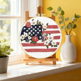 Patriotic American Flag Floral Embroidery Kit – USA Stars and Stripes DIY Needlepoint Hoop Art Rustic Fourth of July Decor Gift Kits For Stitchers