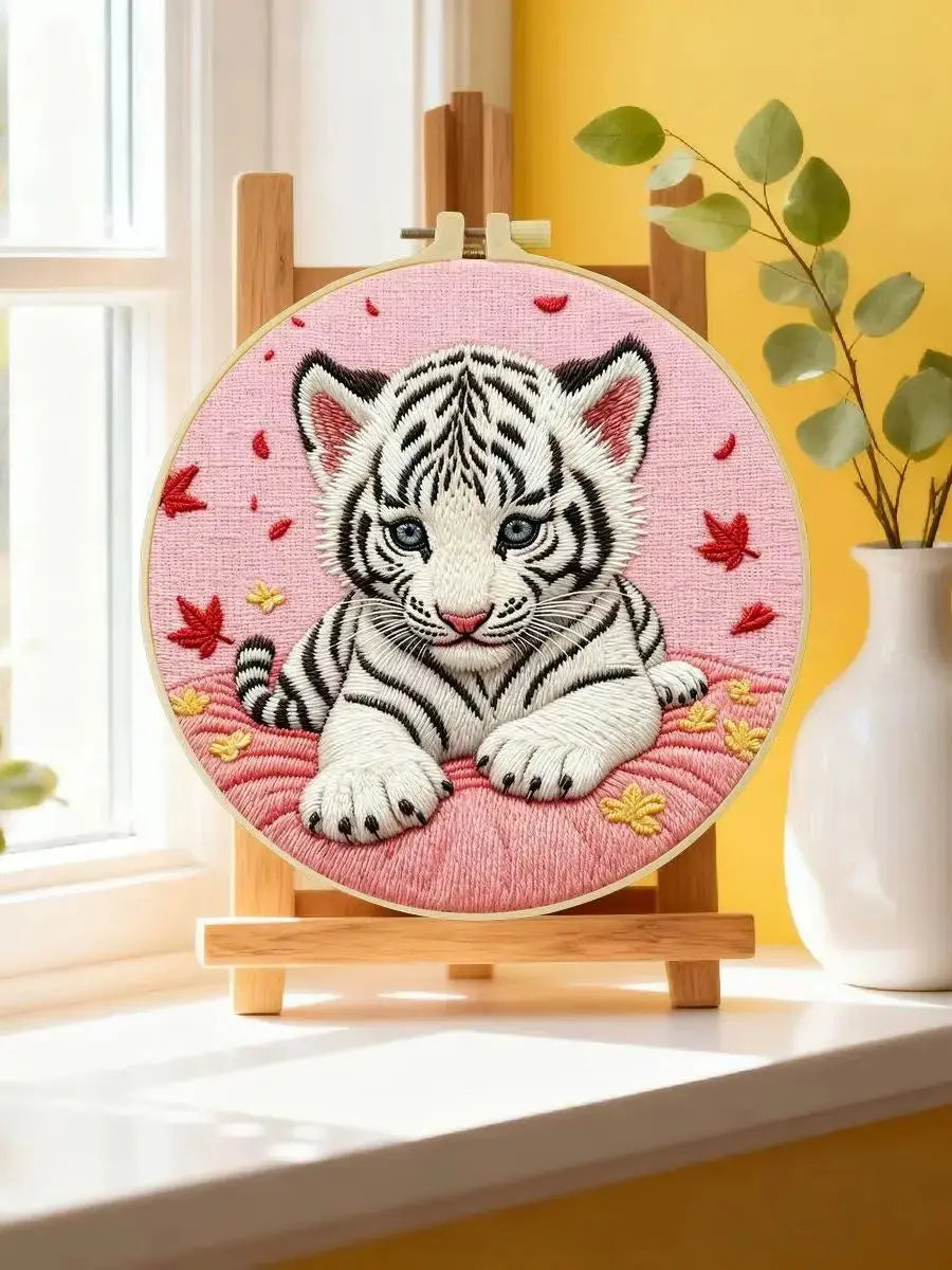 Snow White Tiger Cub Embroidery Kit 🐯🤍🌸 Kits For Stitchers