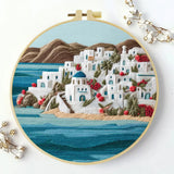 Santorini Coastal Village Embroidery Kit – Greek Island Seascape DIY Needlepoint Hoop Art Mediterranean Home Decor Craft Gift Kits For Stitchers
