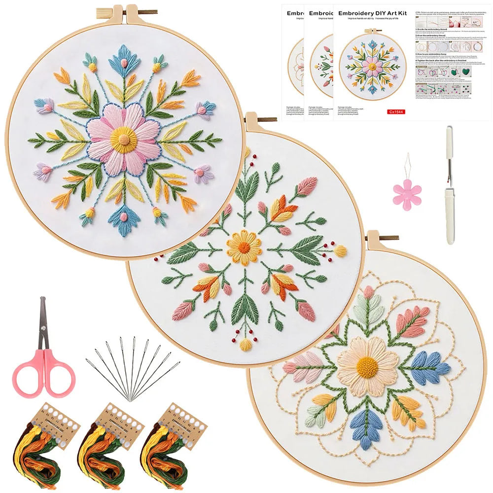 3-Piece Beginner Floral Embroidery Kit Set Kits For Stitchers