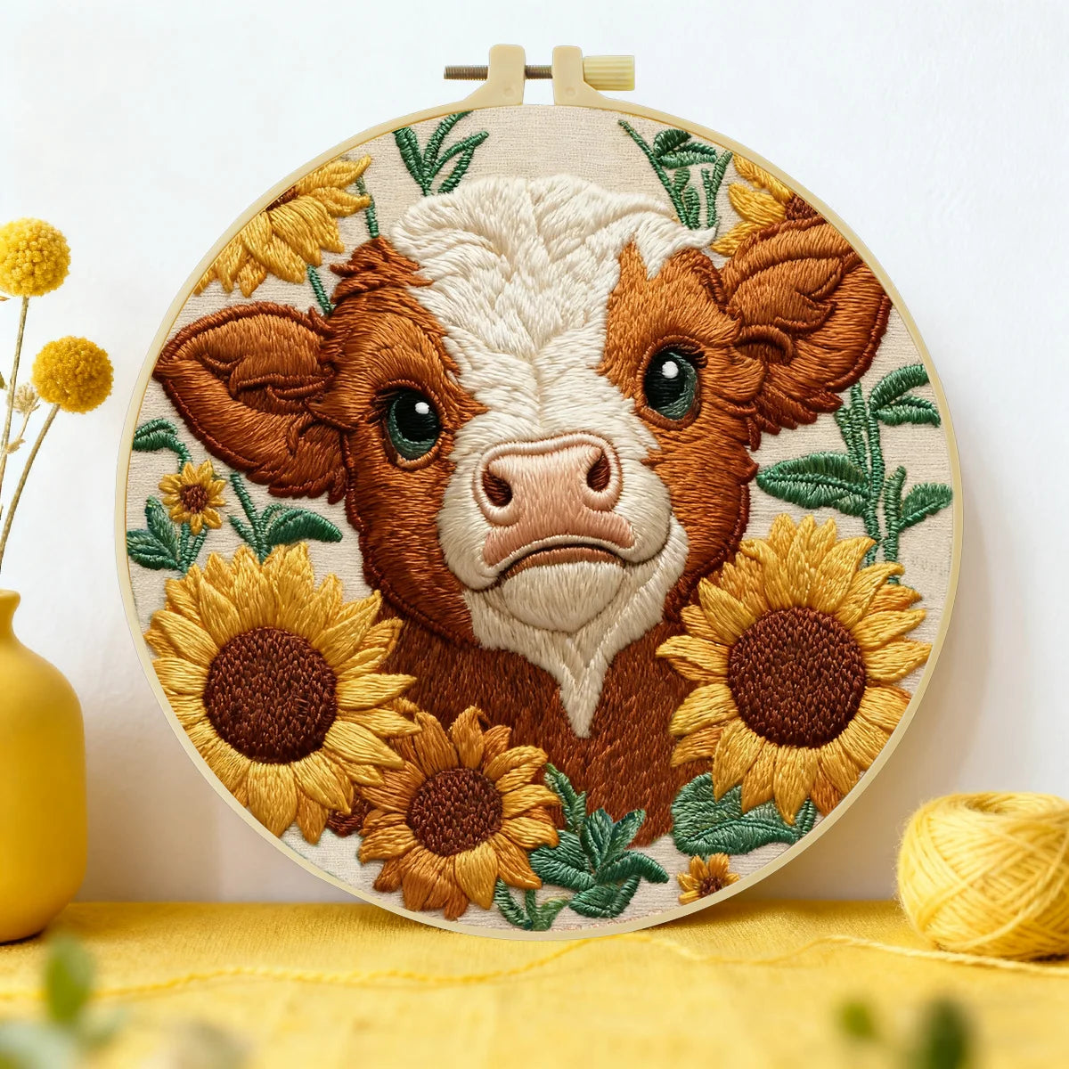 Highland Cow with Sunflowers Embroidery DIY Kit – Farm Animal Beginner Stitching Kit with Hoop, Pattern & Threads
