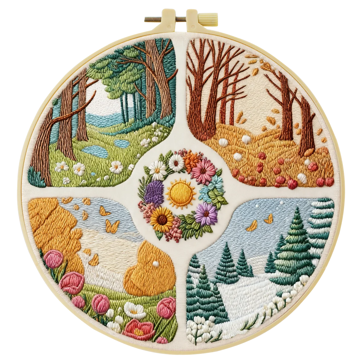 Four Seasons Landscape Embroidery Kit – Spring Summer Fall Winter DIY Sewing Craft, Nature Hoop Wall Art Decor
