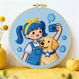 Girl & Puppy Embroidery DIY Kit – Cute Kids Beginner Stitching Kit with Hoop, Pattern & Threads