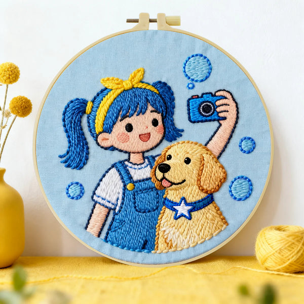 Girl & Puppy Embroidery DIY Kit – Cute Kids Beginner Stitching Kit with Hoop, Pattern & Threads