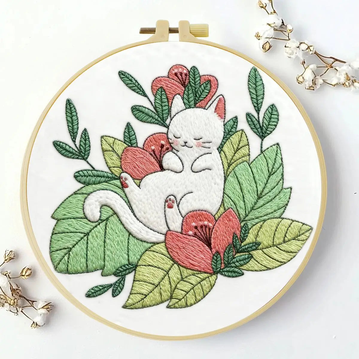 Sleeping White Cat Embroidery Kit for Beginners – DIY Floral Hand Embroidery Hoop Set