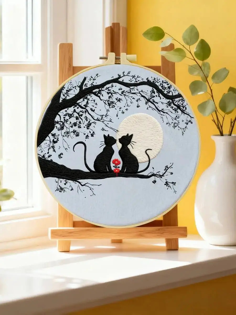 Moonlit Cat Couple Embroidery Kit – DIY Romantic Hoop Art for Beginners & Cat Lovers