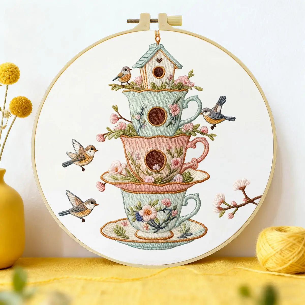 Vintage Teacup Birdhouse Embroidery Kit – Floral Birds DIY Hand Embroidery Hoop Art Set