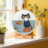 Scuba Cat Embroidery Kit – Funny Underwater Kitty DIY Hand Embroidery Set 🐱🐠🤿 Kits For Stitchers