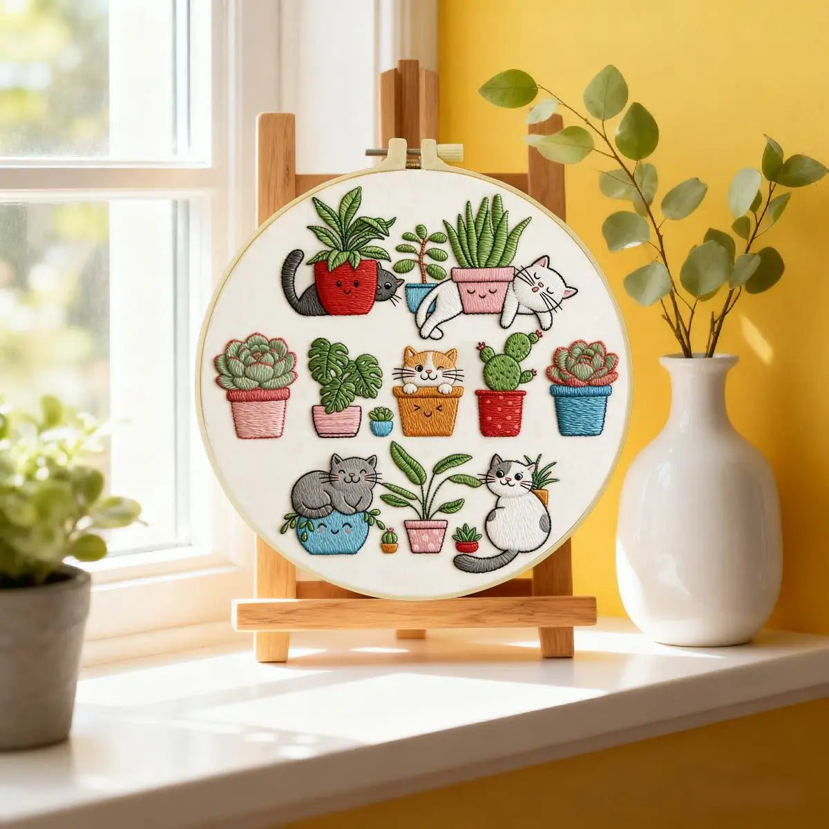 Cute Cats & Plants Embroidery Kit for Beginners – DIY Kawaii Hand Embroidery Hoop Set