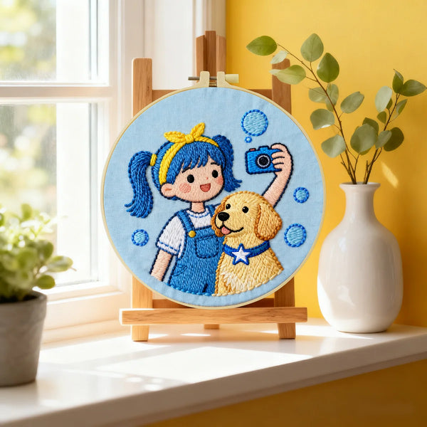 Girl & Puppy Embroidery DIY Kit – Cute Kids Beginner Stitching Kit with Hoop, Pattern & Threads