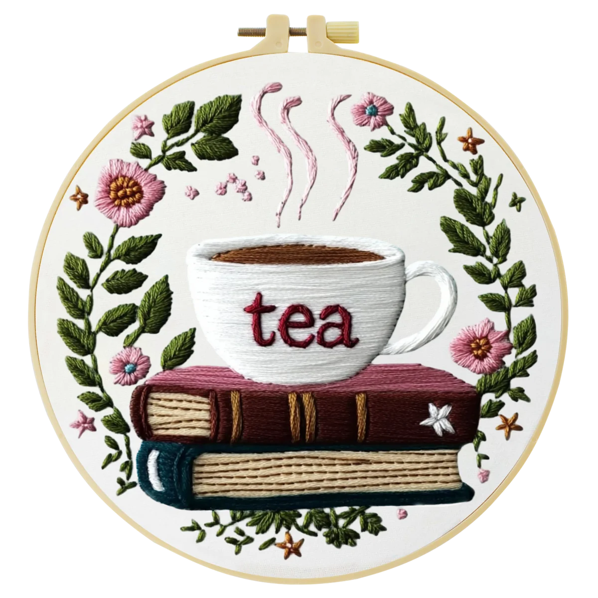 Handmade Tea Lover Embroidery Hoop Wall Art – Floral Book Stack Kitchen Decor