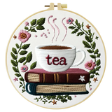 Handmade Tea Lover Embroidery Hoop Wall Art – Floral Book Stack Kitchen Decor Kits For Stitchers