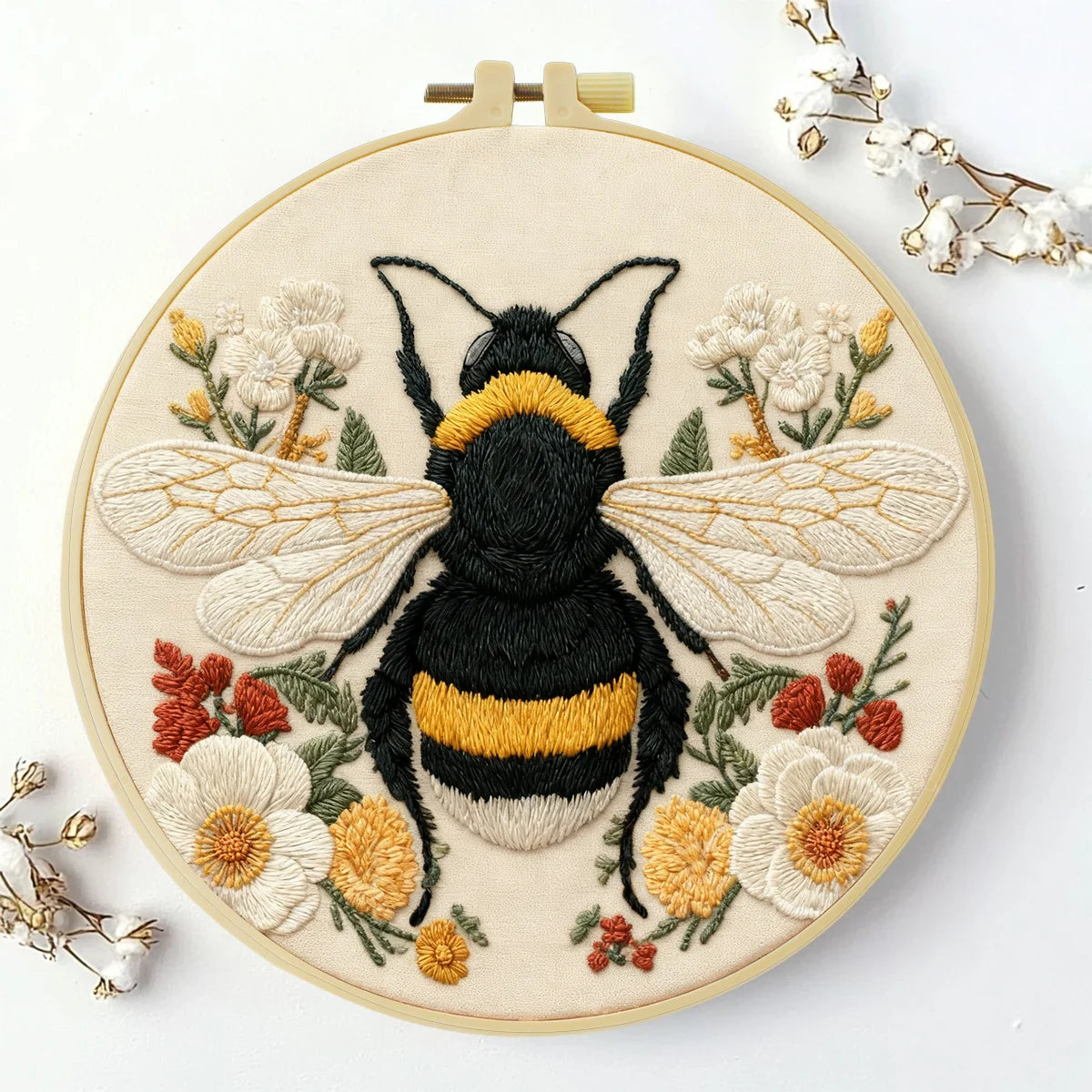 Bumble Bee Embroidery DIY Kit – Floral Insect Beginner Stitching Kit with Hoop, Pattern & Threads