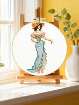 Vintage Lady in Elegant Dress Embroidery Kit – Victorian Style Woman with Floral Gown & Hat DIY Hand Stitch Art Set with Hoop & Threads
