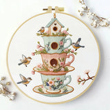 Vintage Teacup Birdhouse Embroidery Kit – Floral Birds DIY Hand Embroidery Hoop Art Set